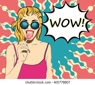 Woman in sunglasses eating lollipop Pop Art. Summer - bright background in pink and blue tones.