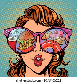 Woman with sunglasses. Fast food and sweets in the reflection. Comic cartoon pop art retro illustration vector kitsch drawing