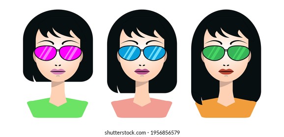 Woman in sunglasses, female in glasses, summer vector illustration, cute colorful pictures