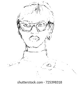 Woman in sunglasses. Hand drawn vector portrait. Black and white artistic vector illustration.