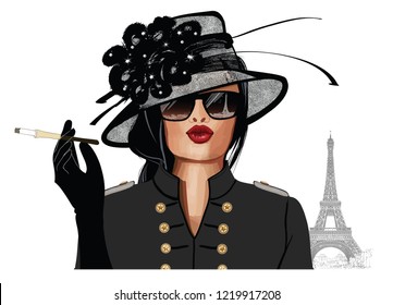 Woman with sunglasses and hat - vector illustration