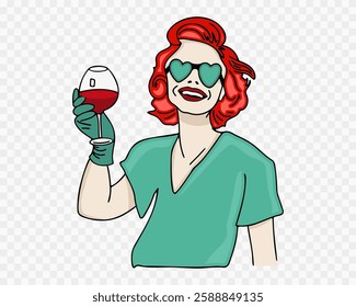 Woman in sunglasses holding a glass of wine. Funny print design of clothes. Vector