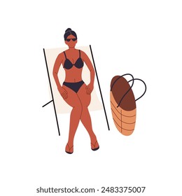 Woman in sunglasses lounges on deckchair. Tanned girl in bikini relaxes on longue chaise on beach. Person has a rest on sea holidays in summer. Flat isolated vector illustration on white background