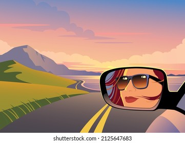 Woman with sunglasses on a road trip at sunset. Reflection in car side mirror