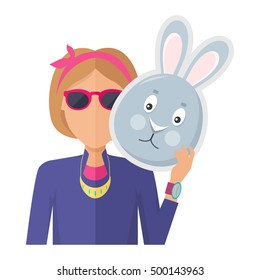 Woman in sunglasses with rabbit or hare mask in hand flat vector illustration isolated on white background. Masquerade animal clothing and party costume. Psychological portrait and hidden personality