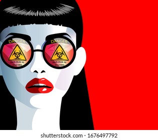 Woman with sunglasses reflecting biological hazard sign. Concept of coronavirus quarantine in Europe, Usa, China .COVID-19 resposible for disease  outbreak.