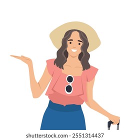 Mujer con gafas de sol corriendo para viajar de vacaciones. Ilustración vectorial plana aislada sobre fondo blanco