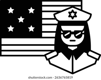 A woman in sunglasses stands in front of an American flag. She is a police officer. Concept of authority and patriotism