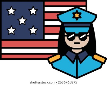 A woman in sunglasses stands in front of an American flag. She is a police officer. Concept of authority and patriotism