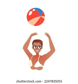 Woman in Sunglasses and Swimsuit on Beach Playing Ball Enjoying Summer Vacation and Seaside Rest Vector Illustration