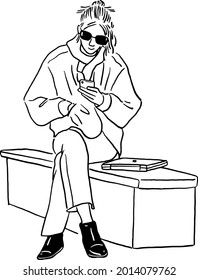 Woman with sunglasses using smartphone sitting on bench People lifestyle in city Hand drawn line art illustration