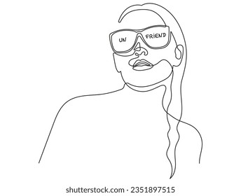 Woman with Sunglasses Written on them UNFRIEND in Minimal One Line Art Drawing