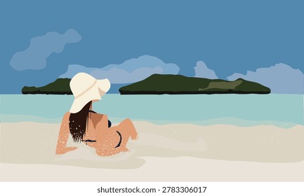 A woman in a sunhat is lying on a sandy beach by the ocean, gazing into the distance at calm blue waters, green islands on the horizon and a clear sky, creating a peaceful minimal vector summer scene