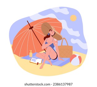 Woman with sunscreen at beach. Young girl in swimsuit with suntan under umbrella. Protect your skin in hot weather from UV. Cartoon flat vector illustration isolated on white background