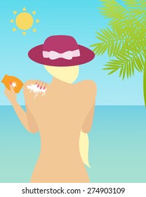 Woman with sunscreen over ocean background. Vector illustration
