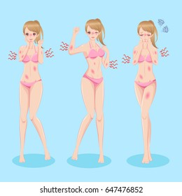 woman with sunscreen problem on the blue background