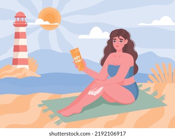 Woman with sunscreen. Young girl in bathing suit sighs on beach during summer season. Holidays in exotic countries and tourism. Rest and relax, travel and trip. Cartoon flat vector illustration