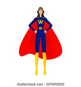 Woman super hero dressed in blue suit and red cape. Vector illustration for your graphic design.