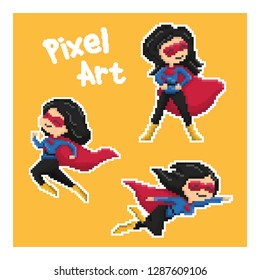 woman super hero in pixel art style