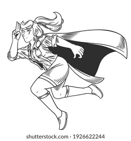 A woman super hero. Young beautiful and strong girl in stylish costume flying with funny pose. Vector illustration in vintage retro pop art comic style isolated on white background