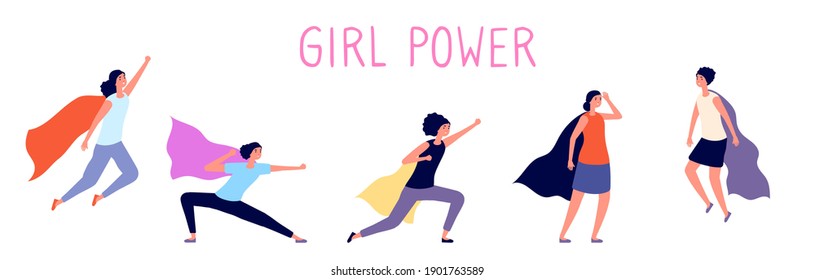 Woman super power. Cartoon girl, women with hero cloak. Flying female superhero, comics lady feminist characters utter vector illustration