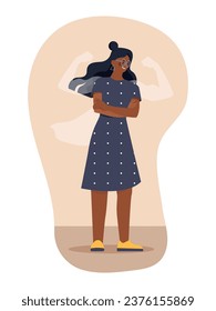 Woman with super shadow. Young girl with self love and acceptance, high self esteem. Businesswoman with superpower inside. Psychology and mental health. Cartoon flat vector illustration