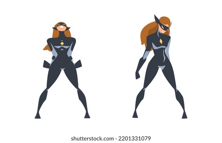 Woman Superhero Character Dressed Black and Blue Costume and Mask in Action Vector Set