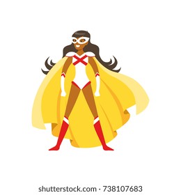 Woman superhero in classic comics costume with cape