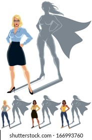 Woman Superhero Concept: Conceptual illustration of ordinary woman with superheroine shadow. The illustration is in 4 versions. No transparency and gradients used. 