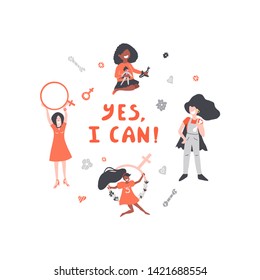 Woman superhero concept. Hand drawn vector illustration of women. Women are holding female gender symbol.
