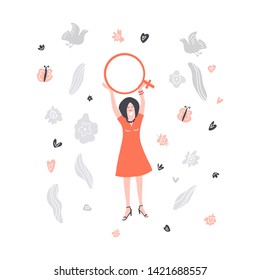 Woman superhero concept. Hand drawn vector illustration of a girl in dress. Woman is holding a female gender symbol.
