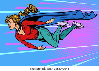 woman superhero flies. female power. pop art retro vector illustration kitsch vintage drawing 50s 60s