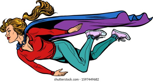 woman superhero flies. female power. pop art retro vector illustration kitsch vintage drawing 50s 60s