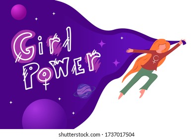 Woman superhero is flying through space and holding the surface of space in her hand. Lettering - Girl Power. Vector illustration in flat style on the theme of feminism is suitable for banners, cards.