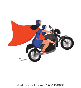 Woman superhero with a girl on a powerful black motorcycle ride forward. Super Mom on a motorcycle. Vector 
woman on a motorcycle