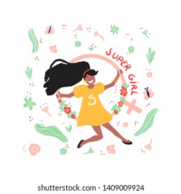 Woman superhero. Hand drawn vector illustration of a girl in dress. African American woman is sitting on a female gender symbol.