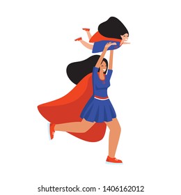 
Woman superhero imitates the flight of a child superhero on his outstretched hands. Color vector illustration of Super Mom in modern style.