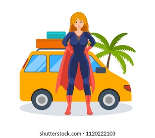 Woman superhero near road with car near. Girl in beautiful superhero costume, traveling by car in summer. Vacation, trip, travel. Drive by car in open air. Vector illustration.