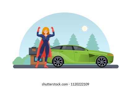 Woman superhero near road with car near. Girl in beautiful superhero costume, traveling by car in summer against the backdrop of rustic landscape. Drive by car in open air. Vector illustration.