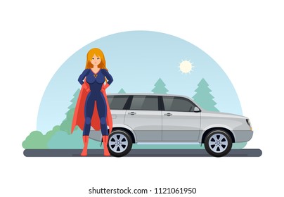 Woman superhero near road with car near. Girl in beautiful superhero costume, traveling by car in summer against the backdrop of rustic landscape. Drive by car in open air. Vector illustration.