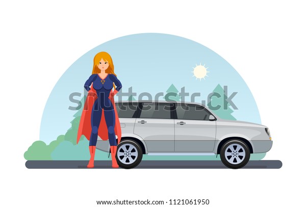 Woman superhero near road with car near.\
Girl in beautiful superhero costume, traveling by car in summer\
against the backdrop of rustic landscape. Drive by car in open air.\
Vector illustration.