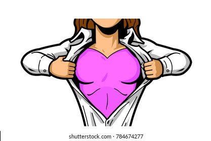 Woman superhero opening shirt chest