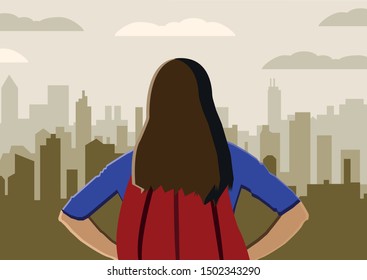 Woman superhero with red cape in the city. Vector.
