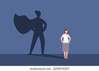 Woman superhero shadow. Superwoman motivational concept strong women, super lady business work manager character female power action confident leader with cape vector illustration of superhero woman