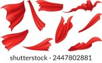 Woman superhero silhouette costume element set. Scarlet fabric silk cloak. Mantle costume or cover cartoon vector illustration