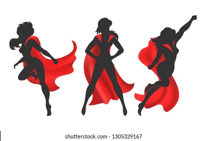 Woman Superhero Silhouette. Female Power Concept Isolated On White Background, Vector Comic Warrior Super Hero Girl In Red Cloak