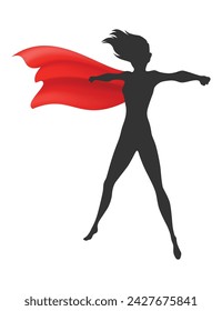 Woman superhero silhouette with scarlet fabric silk cloak. Mantle costume or cover cartoon vector illustration