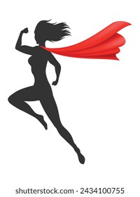 Woman superhero silhouette with scarlet fabric silk cloak. Mantle costume or cover cartoon vector illustration