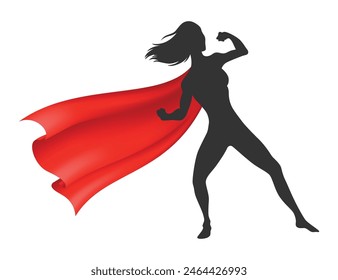 Woman superhero silhouette with scarlet fabric silk cloak. Mantle costume or cover cartoon vector illustration