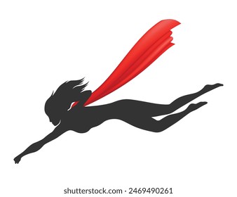 Woman superhero silhouette with scarlet fabric silk cloak. Mantle costume or cover cartoon vector illustration